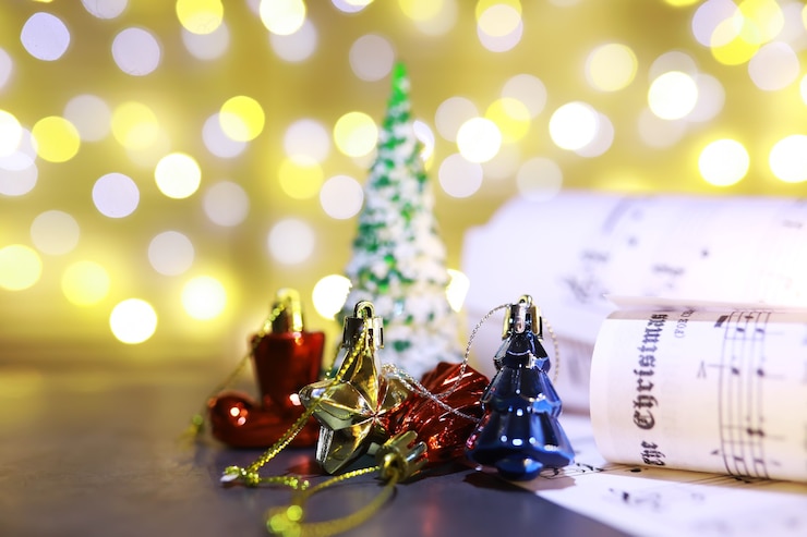 Photo クリスマスの楽譜。音楽シートのクリスマスデコレーション、クローズアップ
