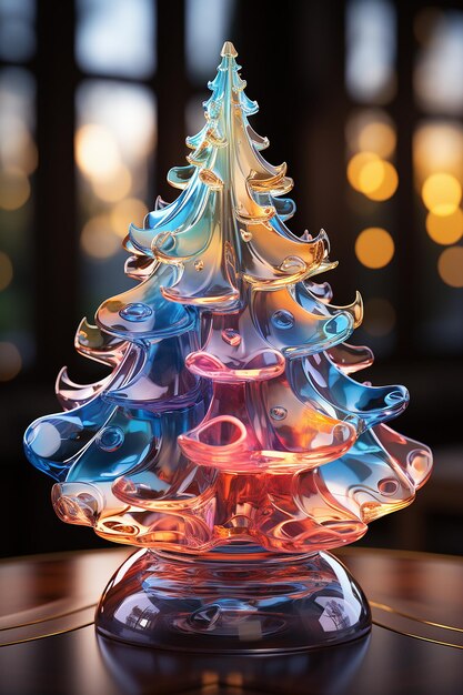 Christmas shiny tree from colorful glass and abstract bokeh lights on black background