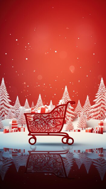 Christmas shop trolley snow background red and white colour copy space generative ai