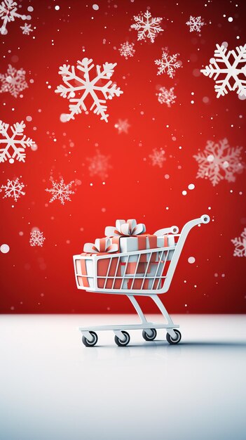 Christmas shop trolley snow background red and white colour copy space generative ai