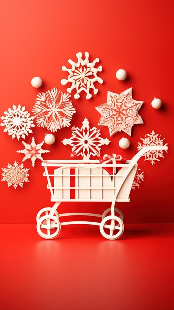 Christmas shop trolley snow background red and white colour copy space generative ai