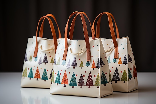 Christmas shopping bags on the table in the kitchen Christmas background