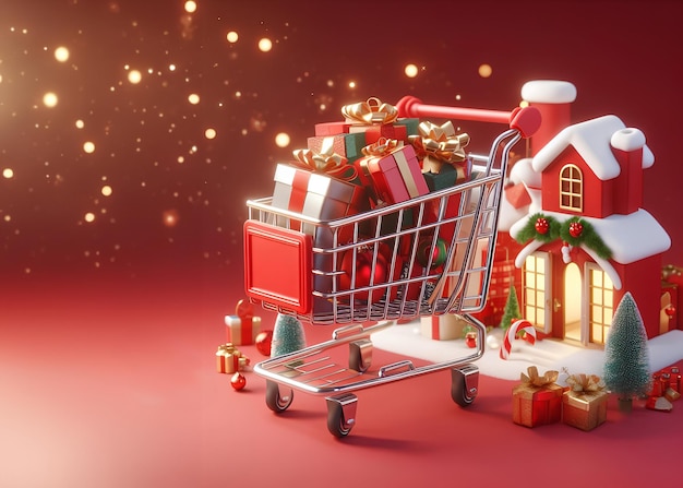 Foto carrello della spesa di natale con regali acquisti regali vendite e sconti stagione