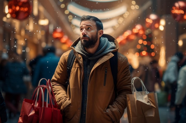 Christmas shopping man waiting with bags Generated AI