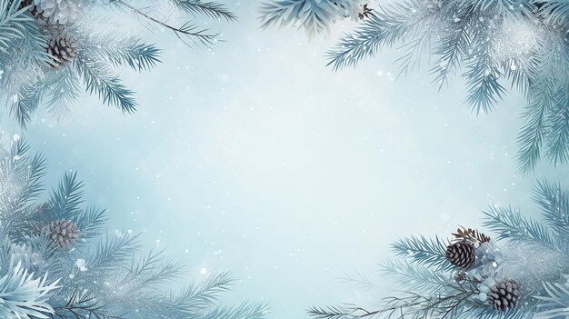 Фото Рождественский простой дизайн с зимним праздничным фоном с сосновыми ветвями и снежинками