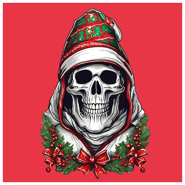 Photo christmas skull wearing hat picture with red background