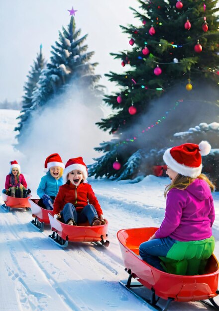 カラフル な スレード と 興奮 し て いる 子供 たち の クリスマス の スレード レース