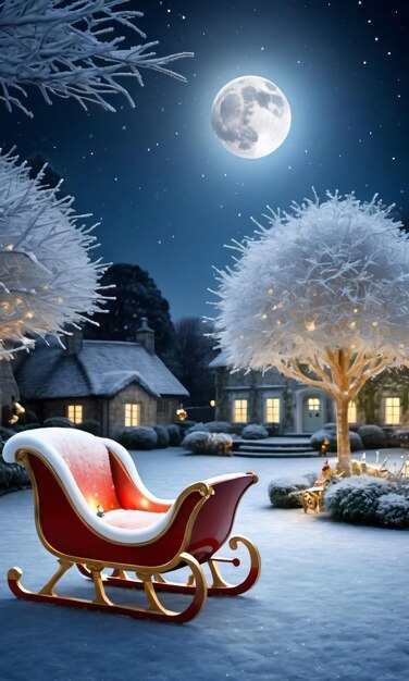 A christmas sleigh in a garden the frosty grass sparkling under the moonlight