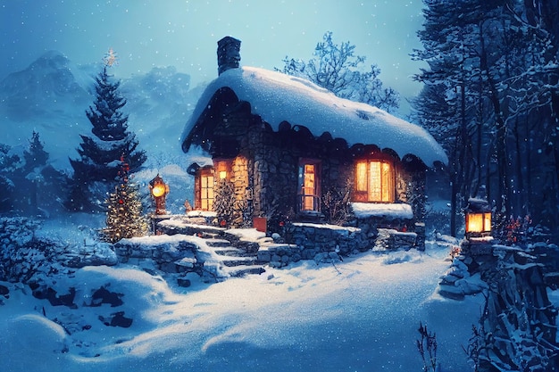 Christmas a small cottage on top 3D illustration