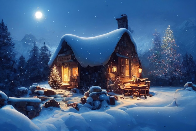 Christmas a small cottage on top 3D illustration