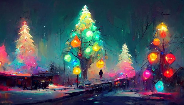 Christmas snow christmas tree colorful neon lights 3D illustration