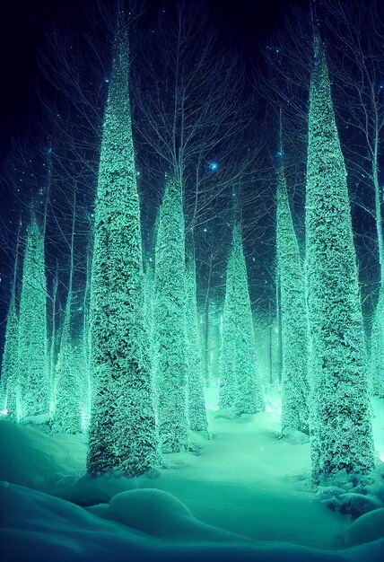 크리스마스 눈 숲 네온 불빛 3D 그림