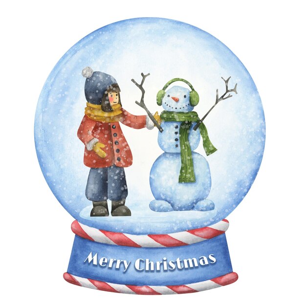 Photo christmas snow globe girl and snowman children's watercolor illustration winter scene