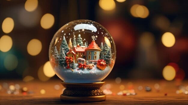 Christmas snow globe isolated on background with yellow light