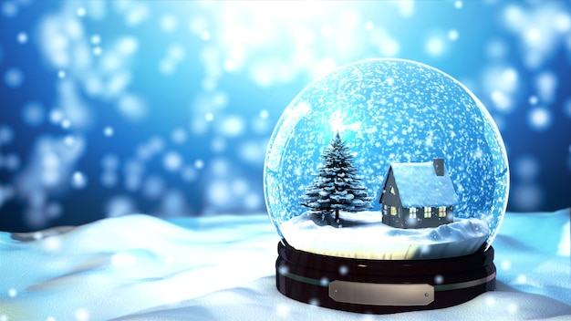 Christmas Snow globe Snowflake with Snowfall on Blue Background