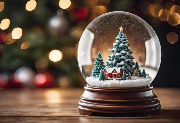 Рождественский снежный шар на столе с размытым рождественским деревом на рождественском фоне