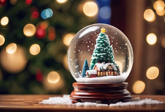 Рождественский снежный шар на столе с размытым рождественским деревом на рождественском фоне