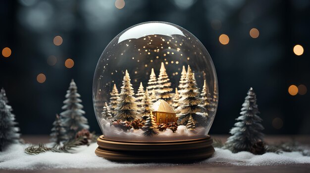 Christmas snow globe with snow and pine trees on dark background