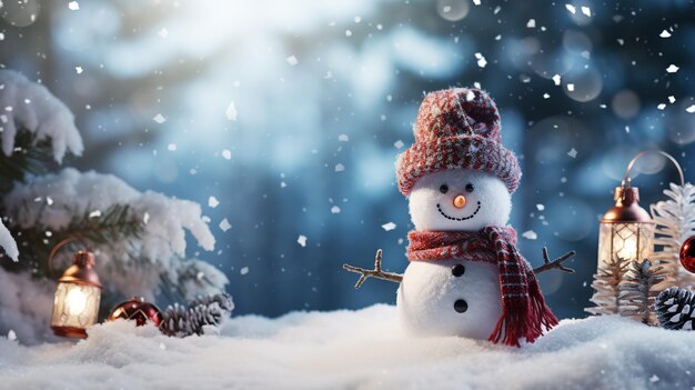 Christmas snow man in snow winter background