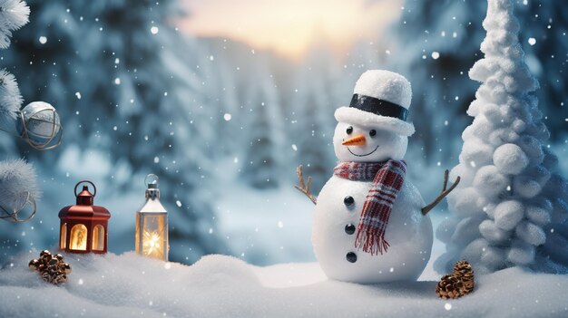 Christmas snow man in snow winter background