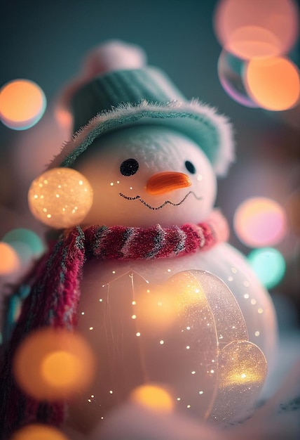 Christmas snowman closeup on a background of lights ai generated