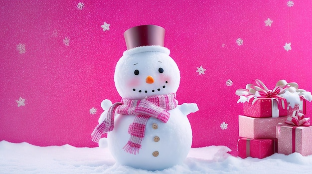 帽子をかぶったクリスマス雪だるまクリスマスの装飾ギフトトレンディな色ピンクの色合い