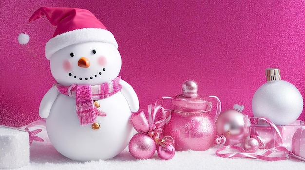 帽子をかぶったクリスマス雪だるまクリスマスの装飾トレンディな色ピンクの色合い