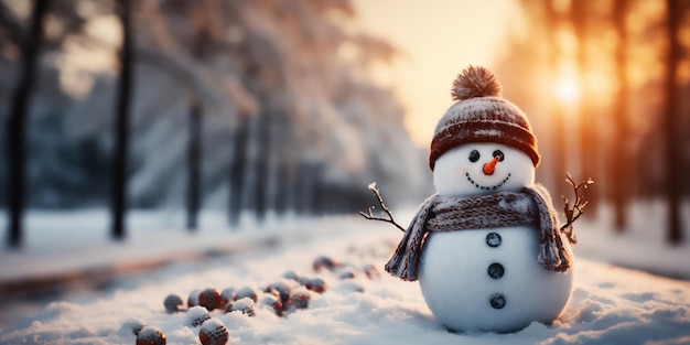 Christmas snowman on the snow background Generated by AI