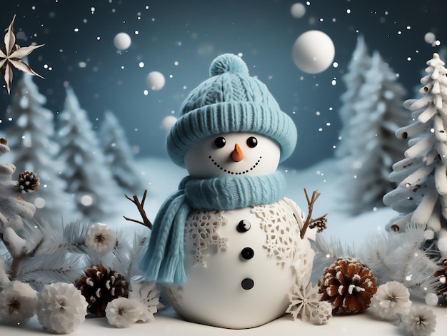Christmas snowman on the snow background Generated by AI