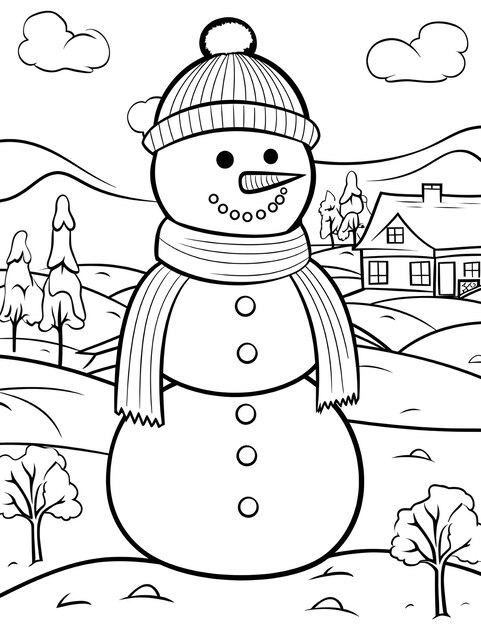 Photo christmas snowman with winter landscape and snow coloring book page for kids