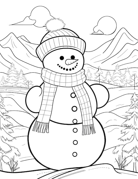 Foto uomo di neve di natale con paesaggio invernale e pagina di libro da colorare per bambini