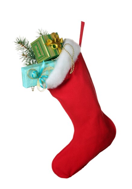 Christmas sock with gifts isolated on white