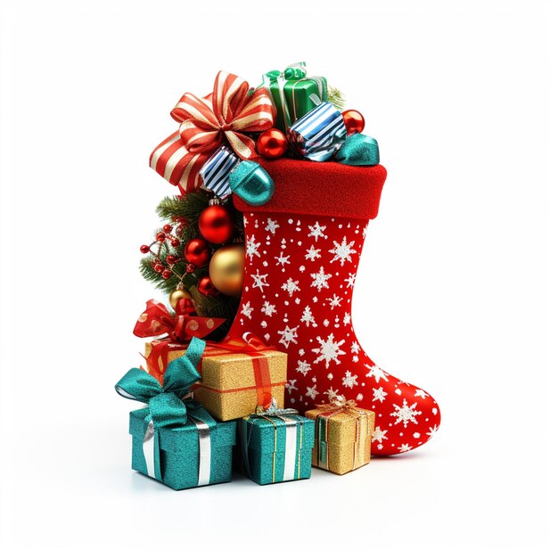 Christmas sock with gifts on white background