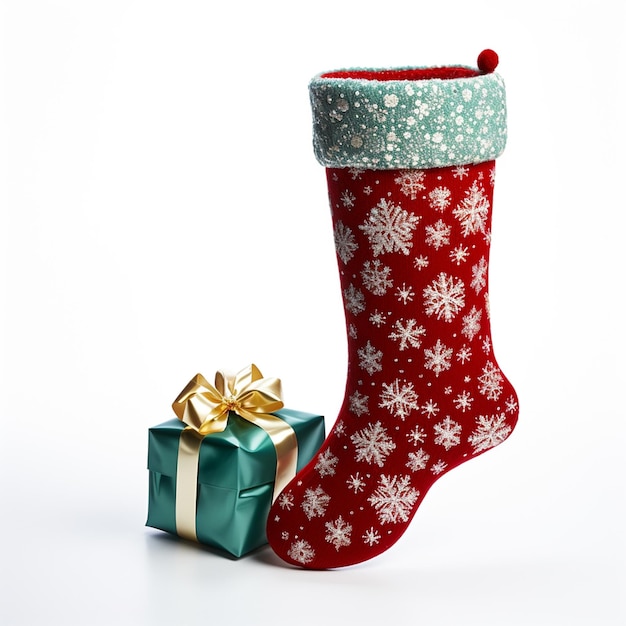 Christmas sock with gifts on white background