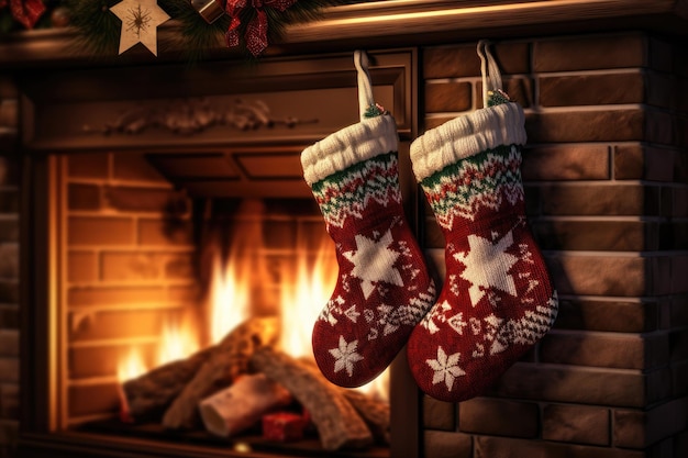 Christmas socks hanging by the fireplace in cozy home