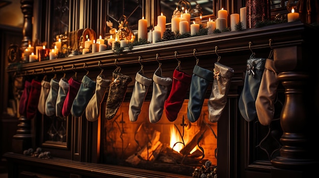 christmas socks hanging on a rack with a candle in the background.