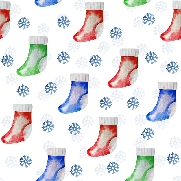 Christmas socks and snowflakes watercolor seamless pattern