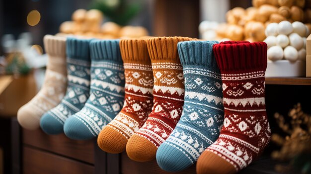 Photo christmas socks in the store in christmas time