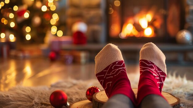 Photo christmas socks with woman legs on wooden board