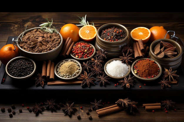 Christmas spices on wooden background with orange gingerbread