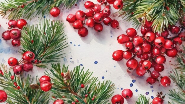 Foto rami di abete di natale bacche rosse su sfondo bianco con spazio per lo stile acquerello di testo