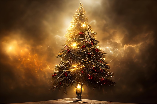 Photo christmas spruce tree on yellow abstract dramatic background neural network generated art