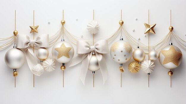 Christmas Stars Baubles and Gold Ribbons on white