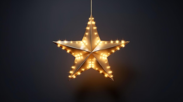 Christmas Stars Lights Golden String Hanging In Blue Background Generative ai