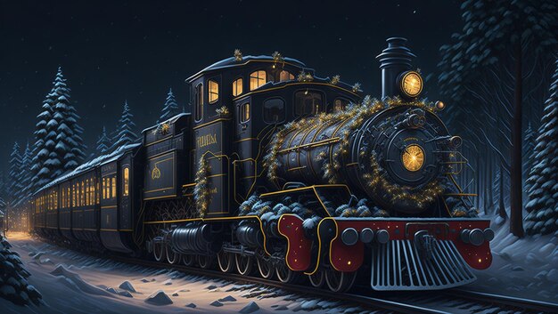 Christmas steam train in the woods at night 3D illustration