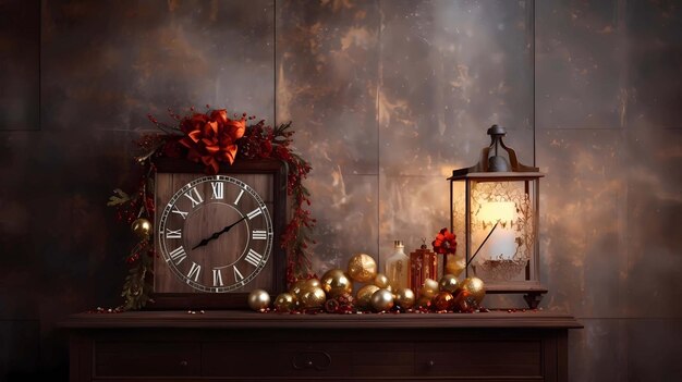 写真 暗い背景の時計とクリスマスの装飾のクリスマス静物