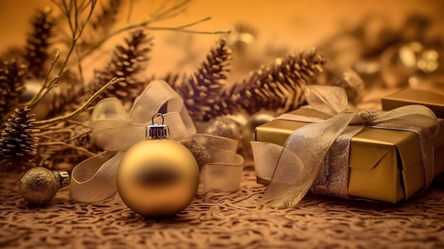 Christmas still life with gold balls and gift boxes on brown background