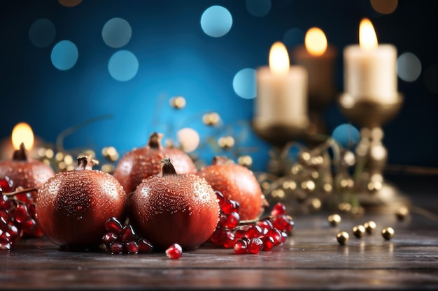 Christmas still life with pomegranate and candles on wooden background