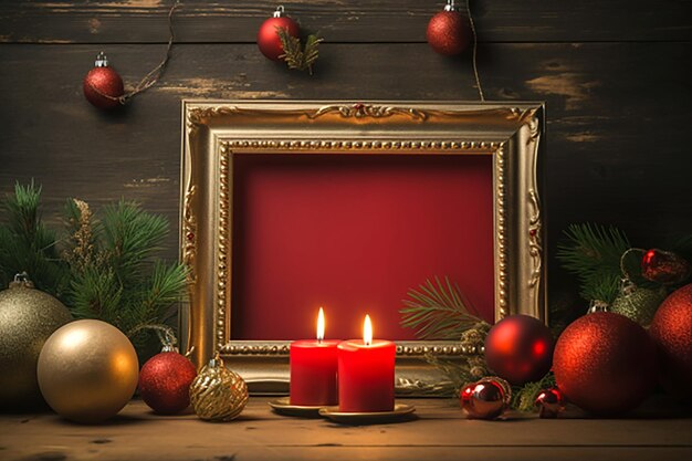 Christmas still life with red candle and christmas decorations on wooden background