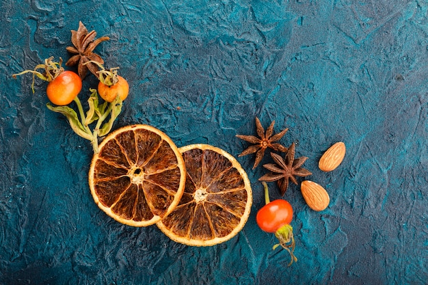 Christmas still life on wooden background.